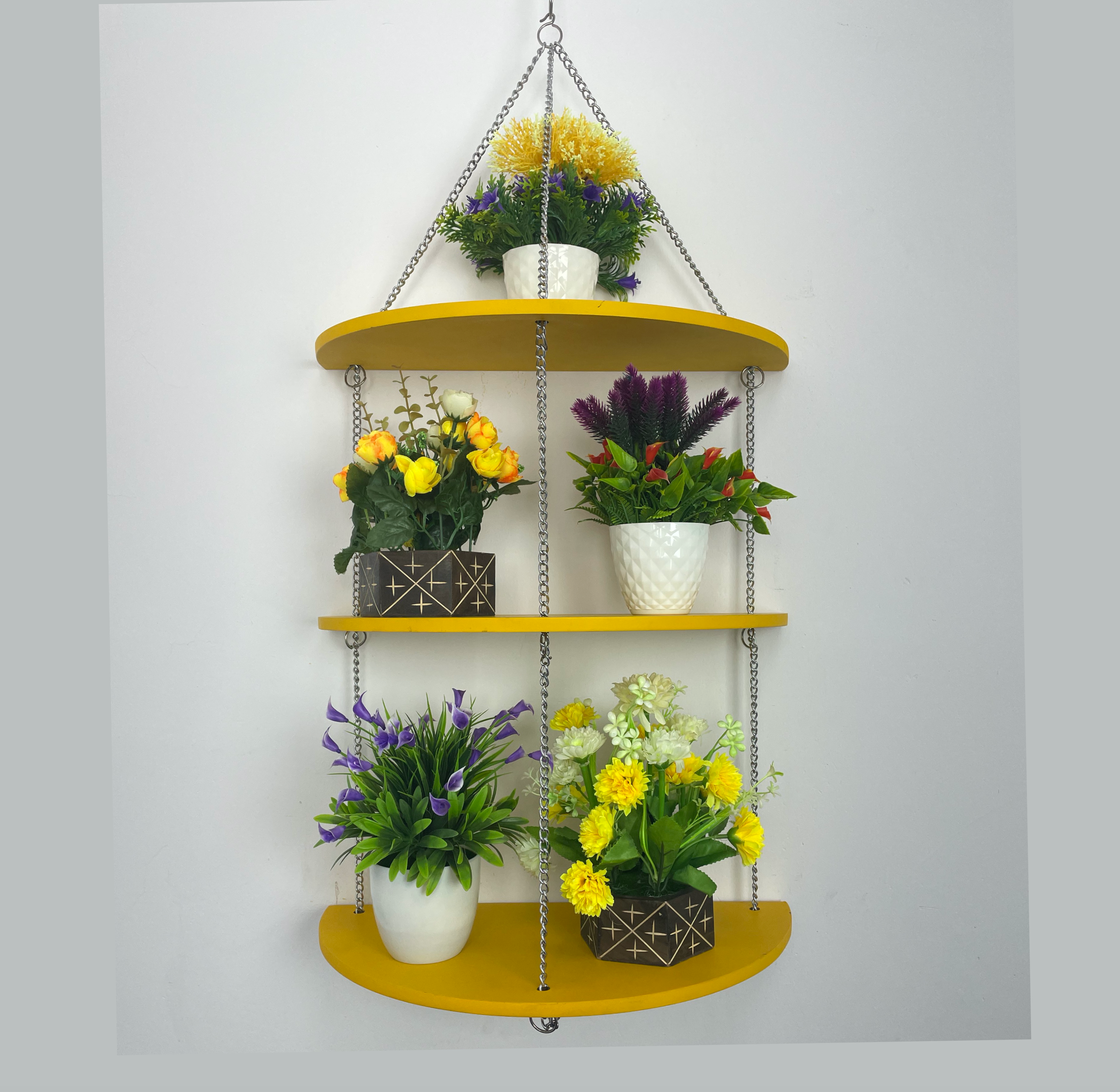 Half Moon 3 Layers Hanging Planter Stand- Yelliow / Red