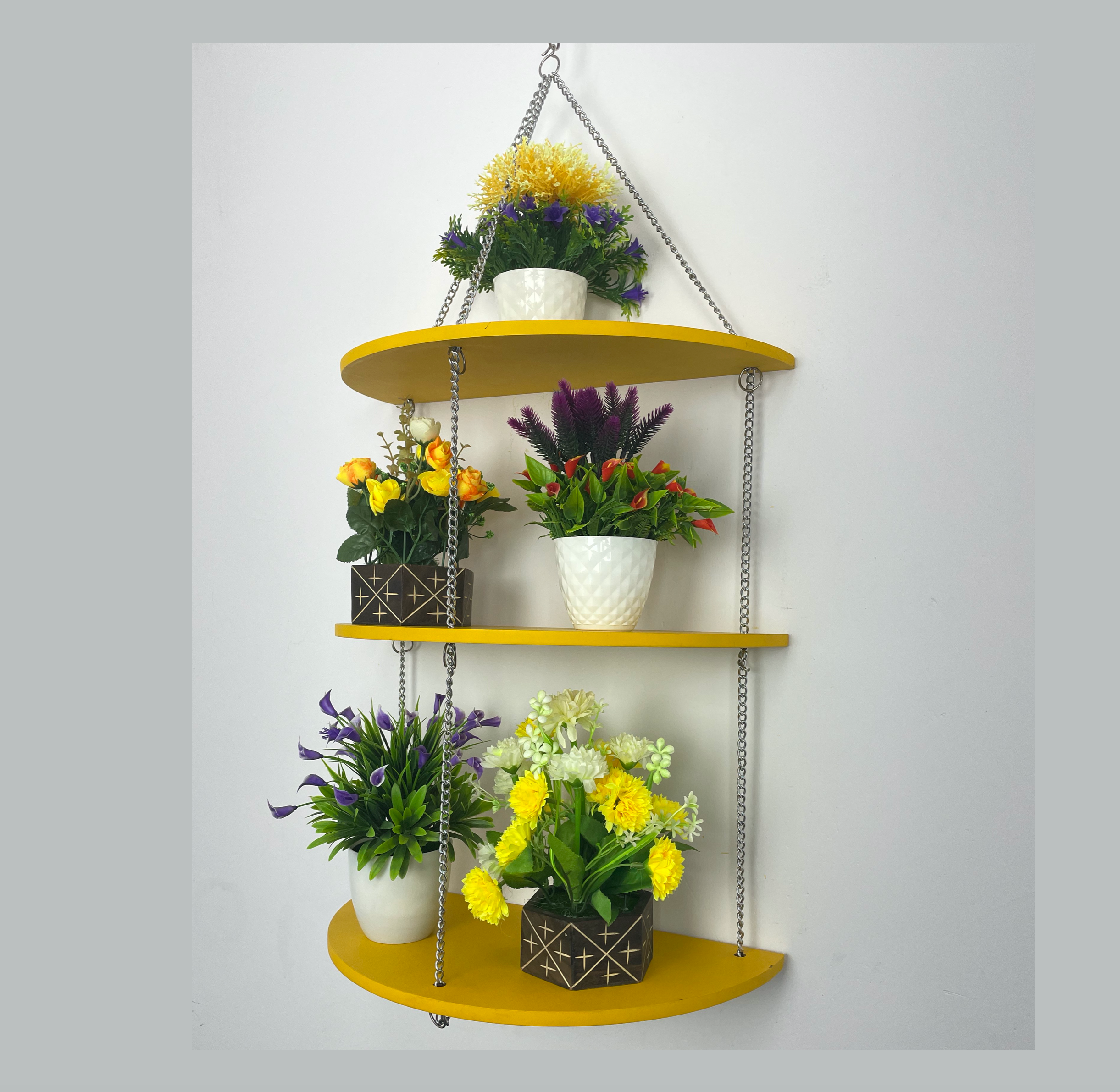 Half Moon 3 Layers Hanging Planter Stand- Yelliow / Red